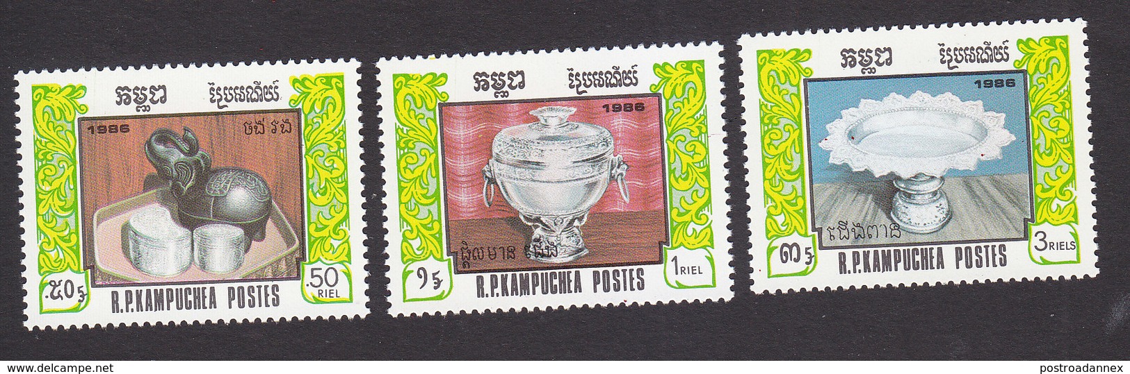 Cambodia, Scott #742-744, Mint Hinged, Silverware, Issued 1986 - Cambodia