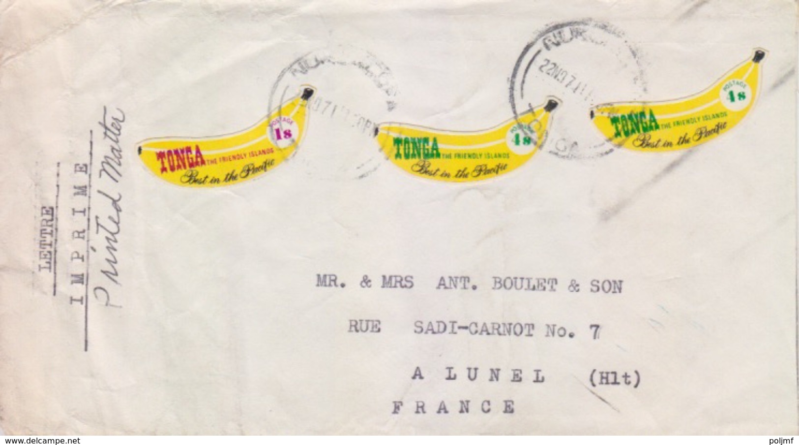 N° 292 Et 295 X 2 (bananes) Obl. Le 22 NOV 71 Nukualofa Sur Lettre Imprimé Pour La France (Lunel) - Tonga (1970-...)