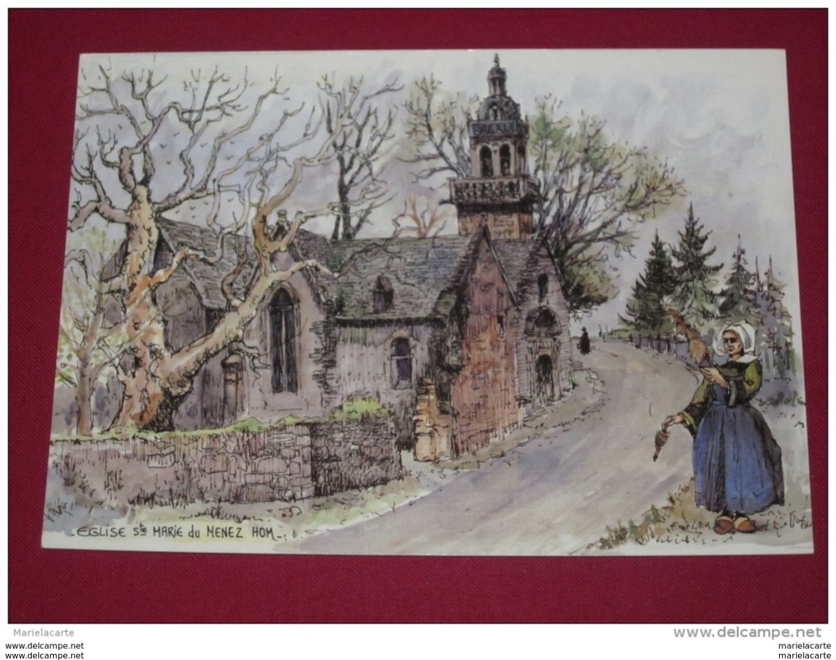 M626 - Eglise De STE MARIE DU MENEZ HOM, Aquarelle Originale De Robert Lepine  Plomodiern - Plomodiern