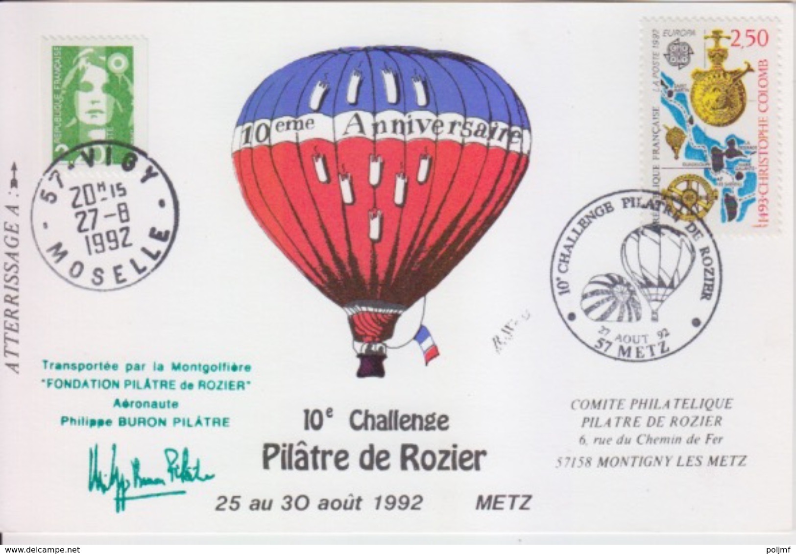 Aérostation, 10° Challenge Pilâtre De Rozier, 27 Août 92, Transporté Par Montgolfière, Cachet D'huissier - Storia Postale