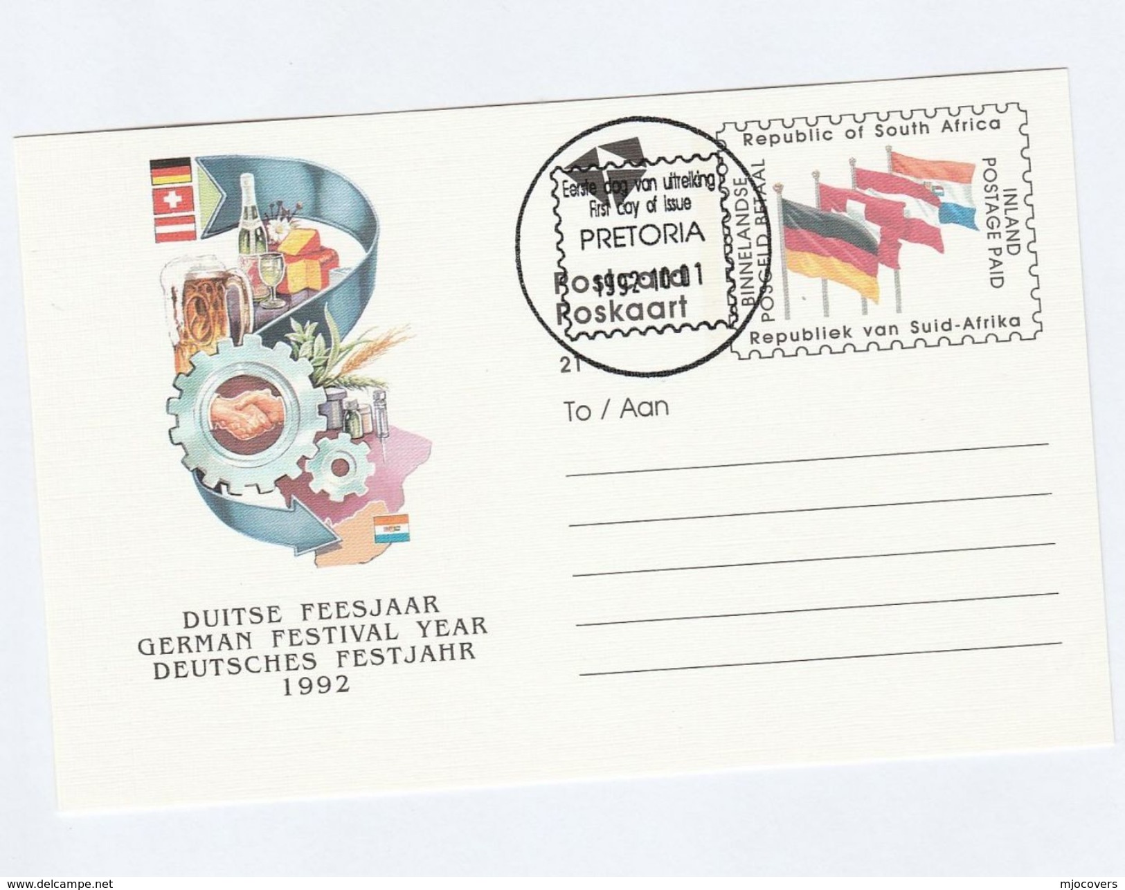 1992 SOUTH AFRICA GERMAN WINE BEER Festival FIRST DAY Rsa Drink Alcohol Cheese Postal Stationery Card Stamps - Wines & Alcohols