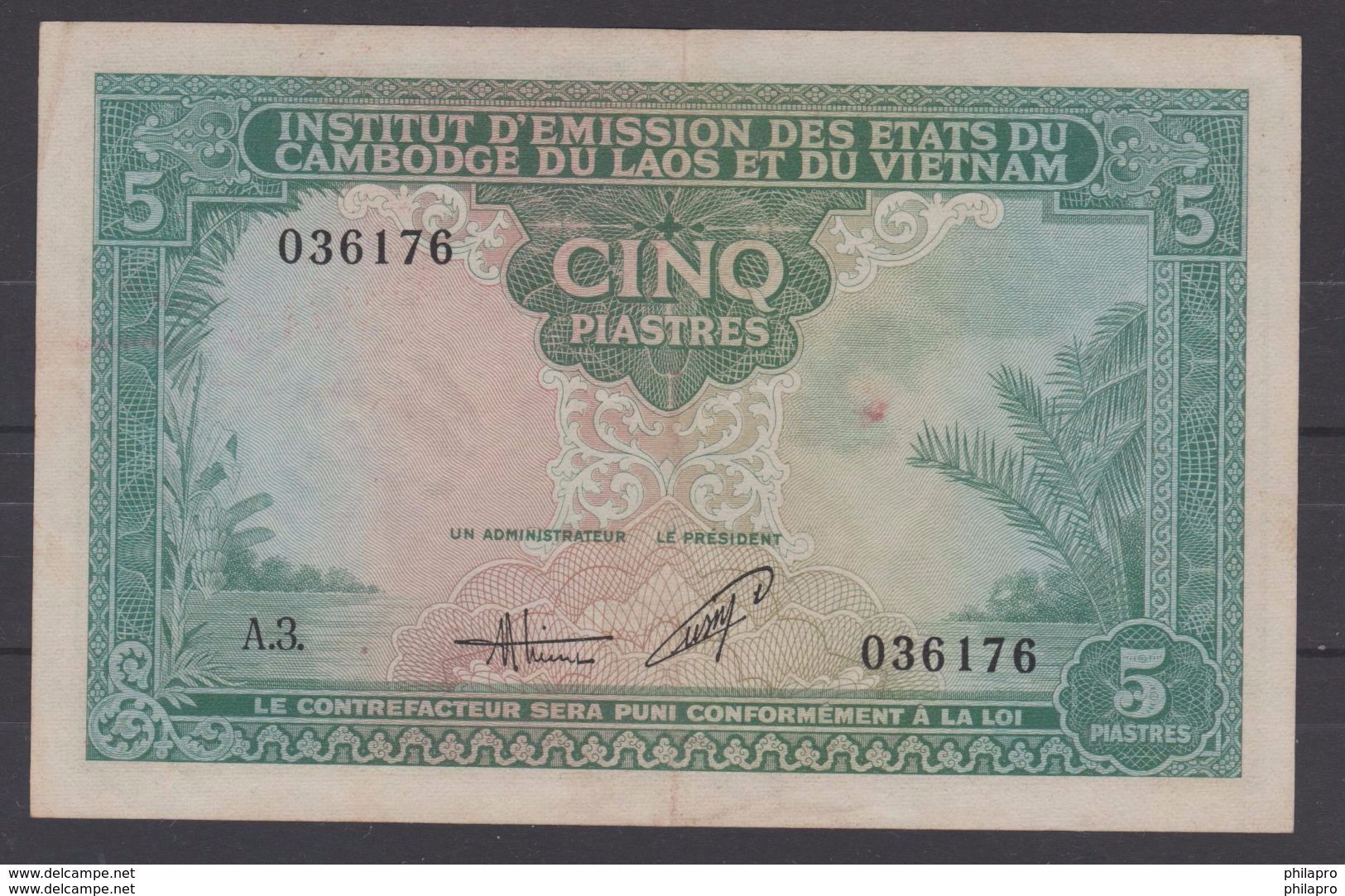 INDOCHINE CAMBODGE LAOS VIETNAM  1953/4  NOTES $5   COMBINED ISSUED PICK N°106 FINE    Réf  3Q5 - Indochina