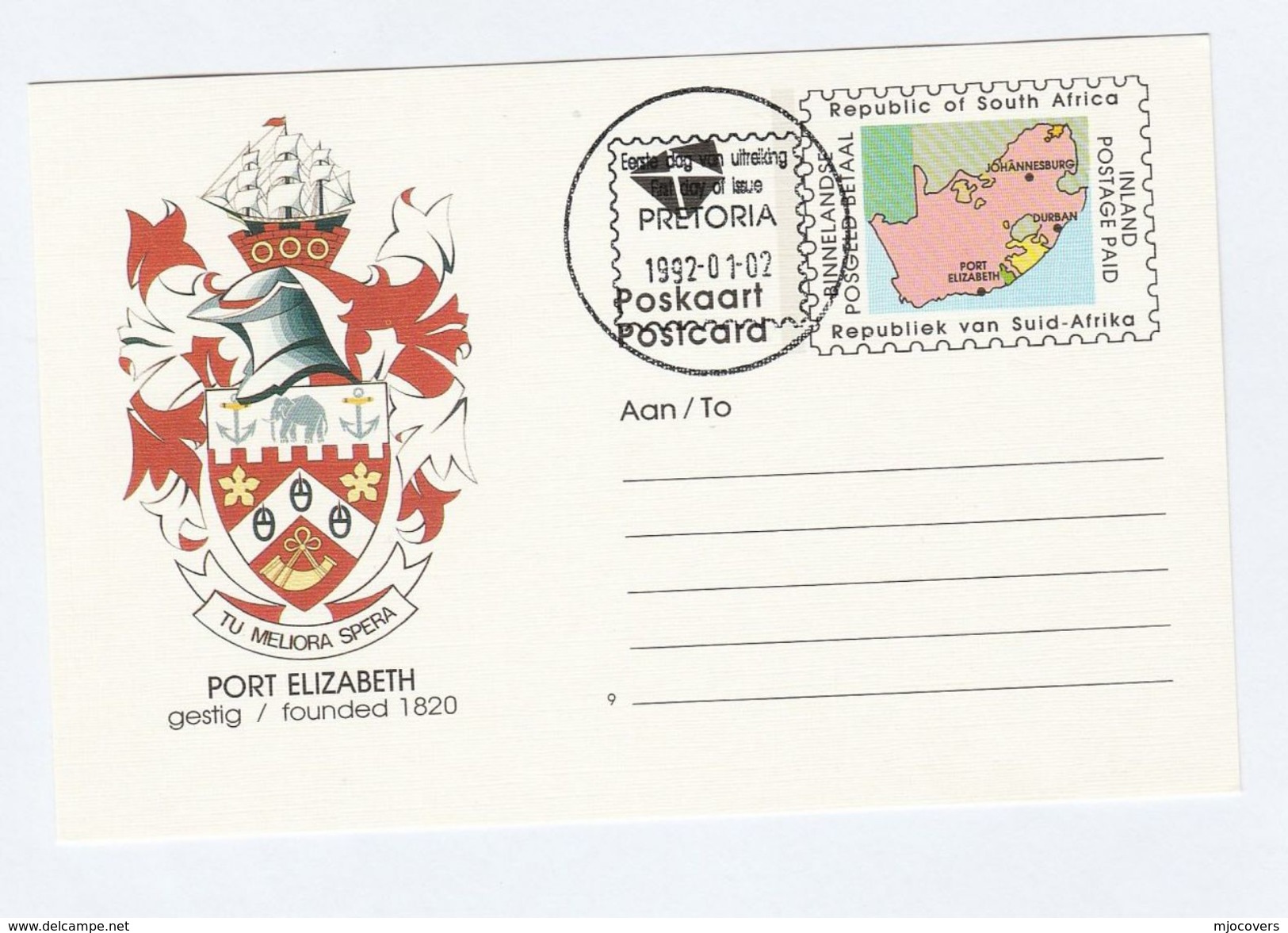 1992 South Africa STATIONERY Illus ELEPHANT  PORT ELIZABETH  EMBLEM  FIRST DAY Rsa Stamps Postal Card Cover Heraldic - Covers & Documents