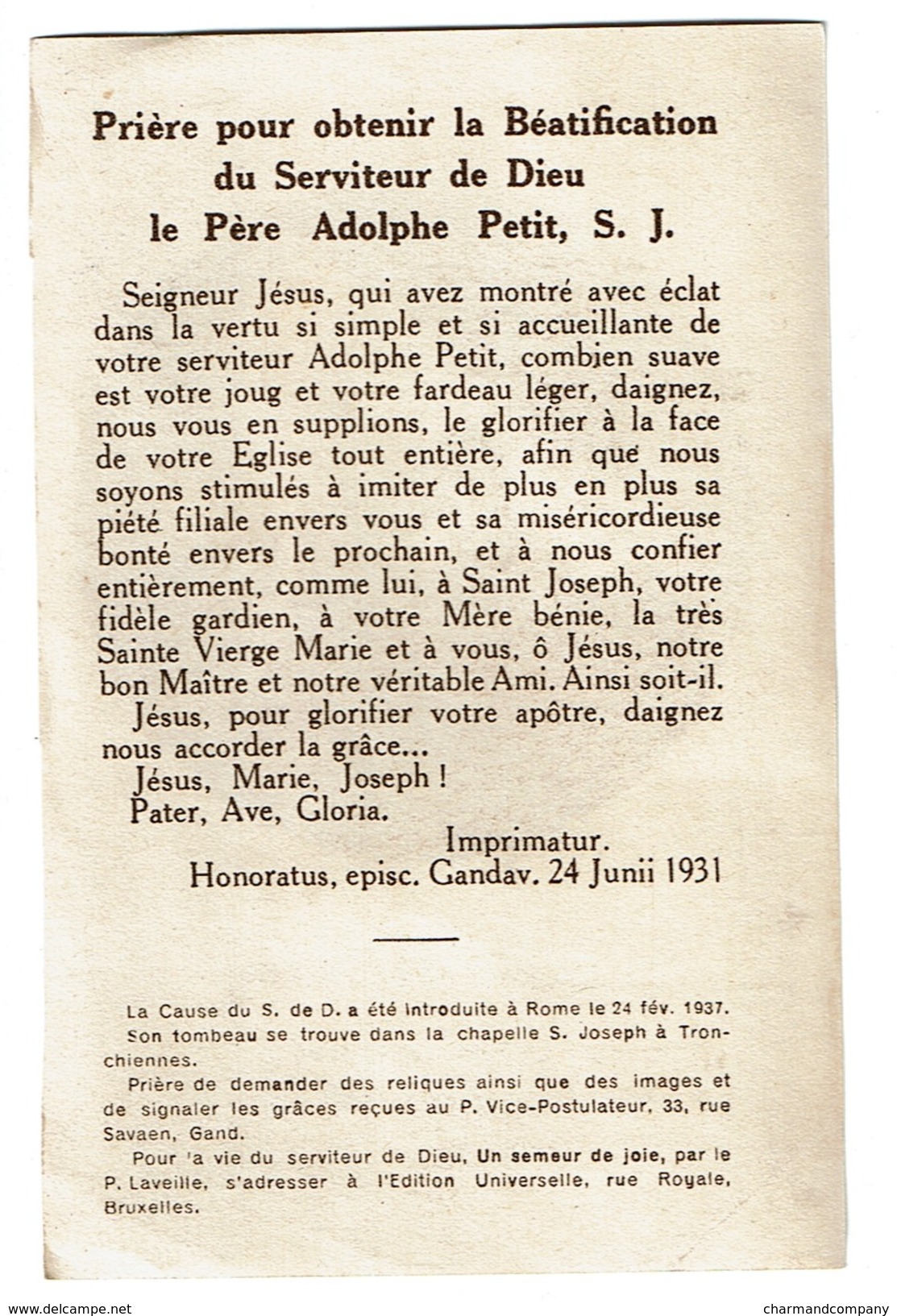 Prière + Relique Parcelle Des Vêtements Du Père Adolphe PETIT, S.J. Mort à Tronchiennes En 1914 - Andachtsbilder