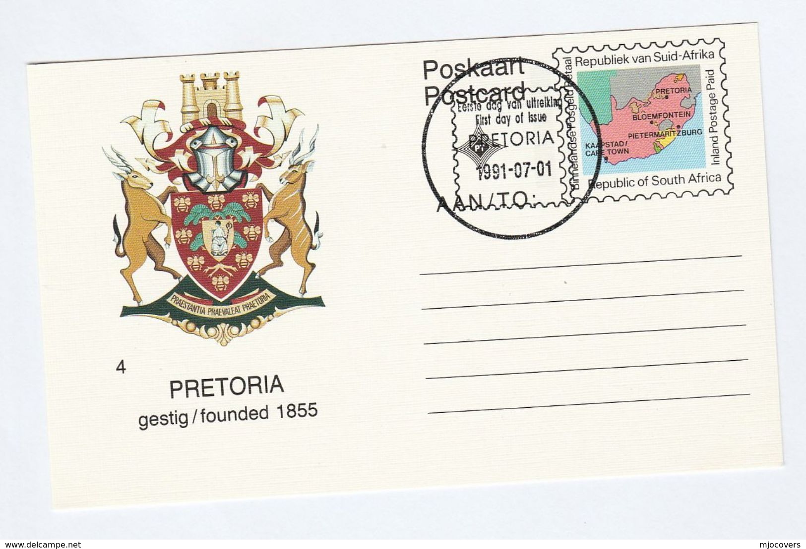 1991 South Africa STATIONERY Illus PRETORIA EMBLEM FIRST DAY  Rsa Stamps Postal Card Cover Heraldic - Covers & Documents