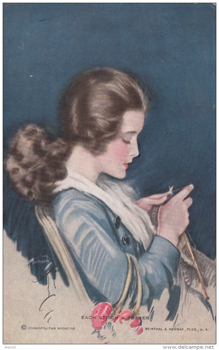 Harrison Fisher Artist Signed 'Each Stitch A Prayer' Beautiful Woman Knitting C1900s/10s Vintage Postcard - Fisher, Harrison