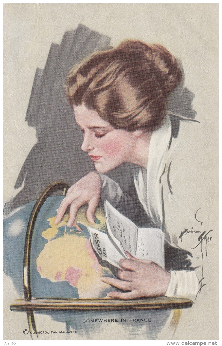 Harrison Fisher Artist Signed 'Somewhere In France' Beautiful Woman Looks At Globe C1910s Vintage Postcard - Fisher, Harrison