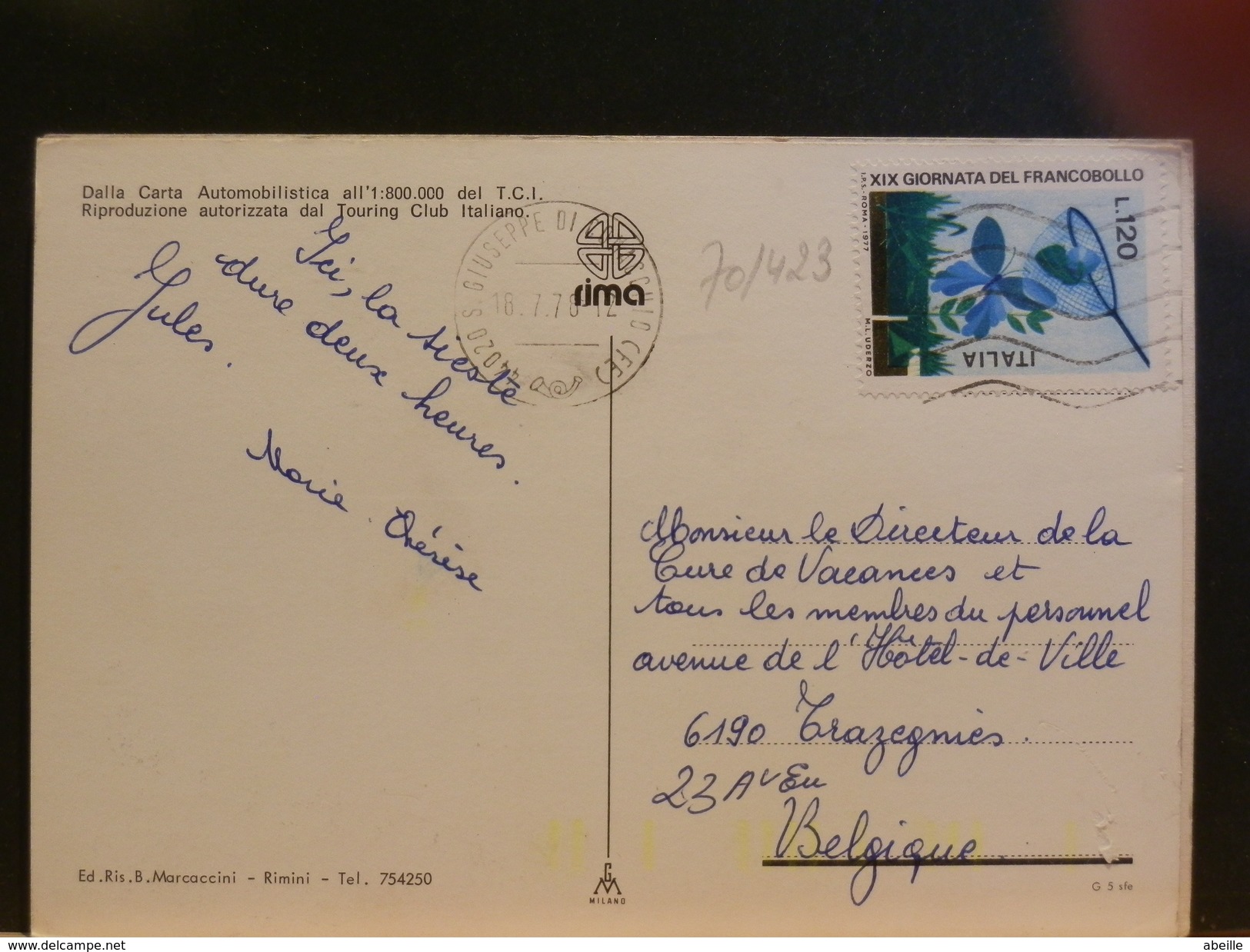 70/423    CP ITALIE POUR LA BELG. - 1971-80: Storia Postale