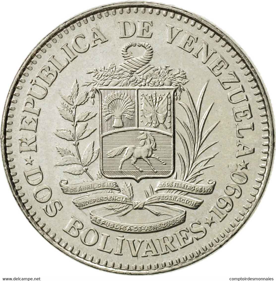 Monnaie, Venezuela, 2 Bolivares, 1990, SUP, Nickel Clad Steel, KM:43a.1 - Venezuela