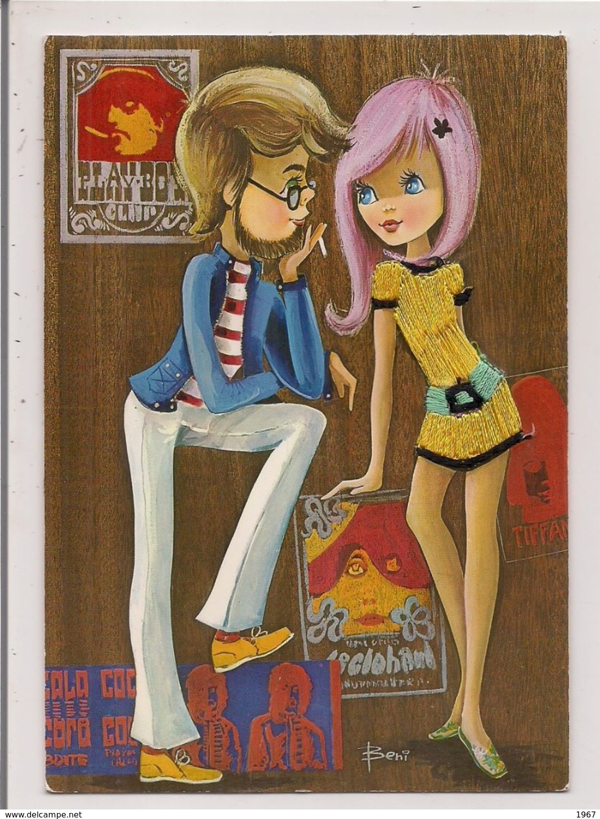 Carte Postale Brodée -    Illustration Beni  -  Couple De Hippies - Embroidered