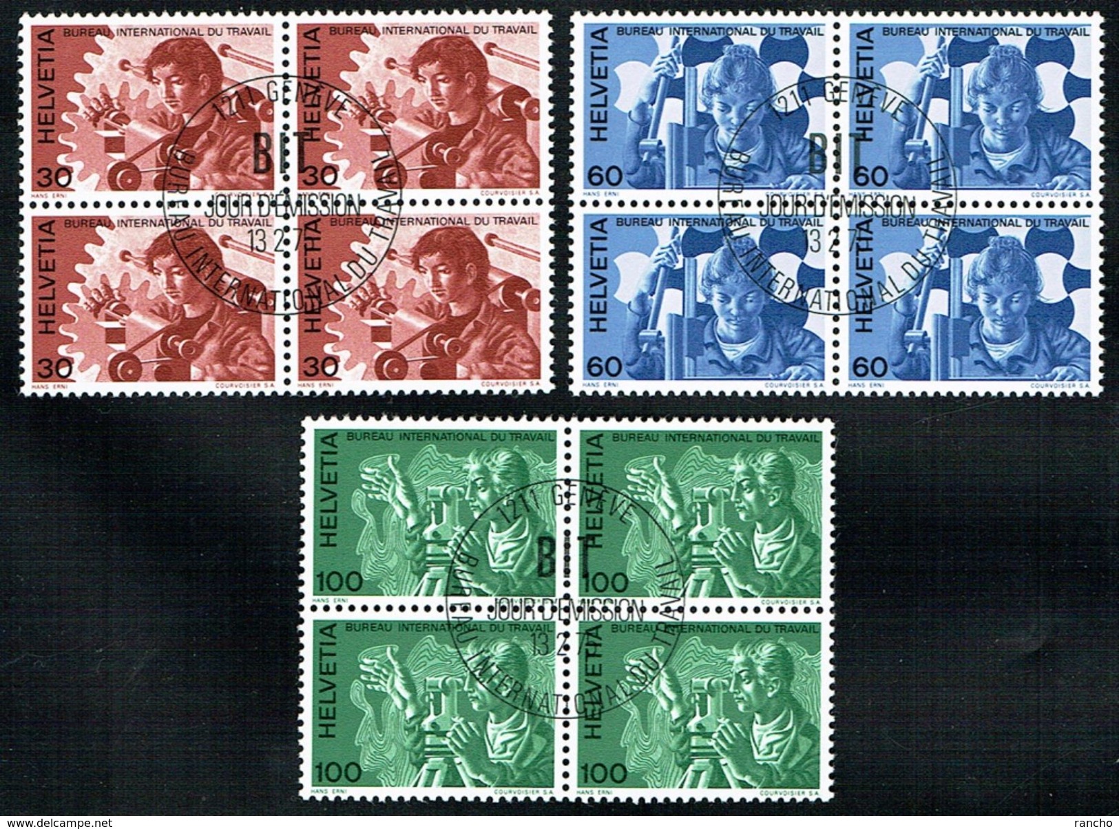 .B.I.T. SERIE BLOCS DE 4 TIMBRES OBLITERES 1er/J.13.2.1975. C/.S.B.K. Nr:106/108.Y&TELLIER Nr:443/445  MICHEL Nr:105/107 - Officials