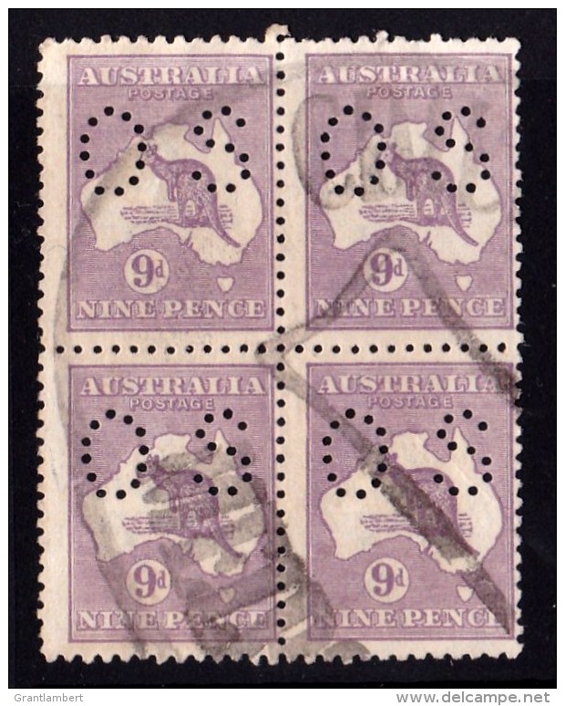 Australia 1919 Kangaroo 9d Violet 3rd Watermark Perf OS Block Of 4 Used - Gebruikt