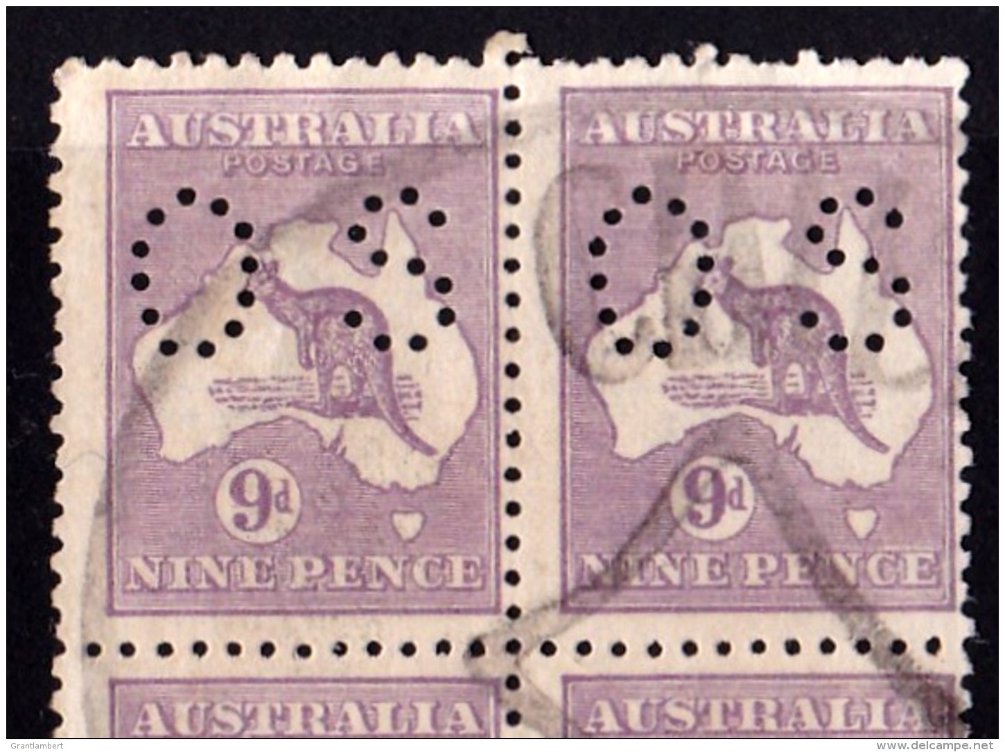 Australia 1919 Kangaroo 9d Violet 3rd Watermark Perf OS Block Of 4 Used - Gebruikt