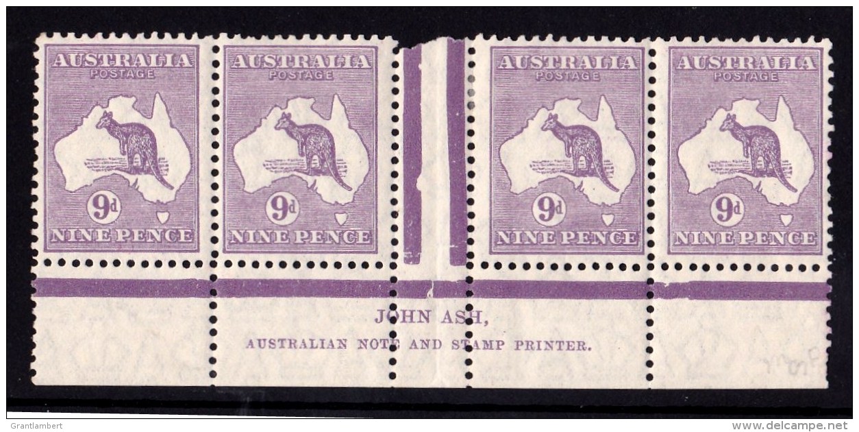 Australia 1929 Kangaroo 9d Violet SMW Ash Imprint Strip Of 4 MH - MNH - Ongebruikt