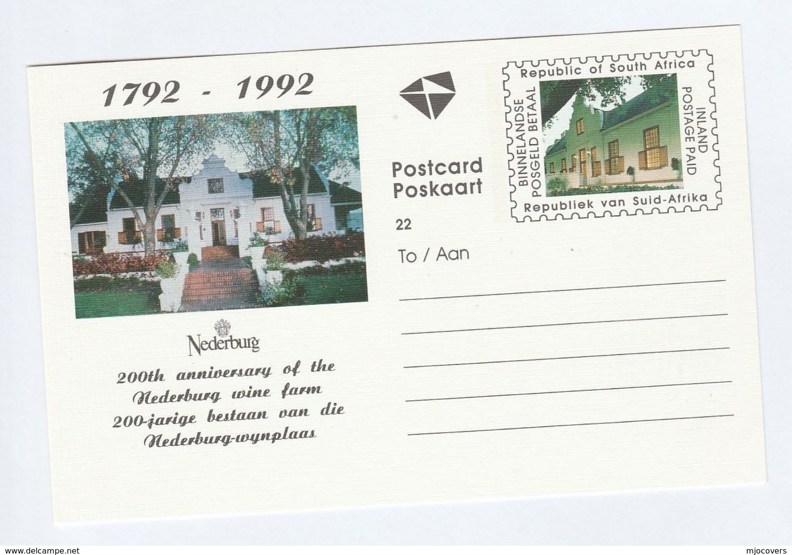 1992 SOUTH AFRICA STATIONERY Illus NEDERBURG WINE FARM Rsa Stamp Postal Card Cover Alcohol Drink - Wines & Alcohols