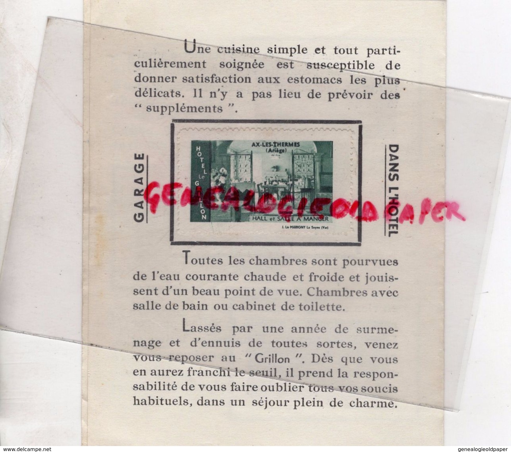 09- AX LES THERMES- HOTEL LE GRILLON- 1960 PUBLICITE AVEC TIMBRES -COIN JARDIN-TERRASSE-HALL SALLE A MANGER - 1950 - ...