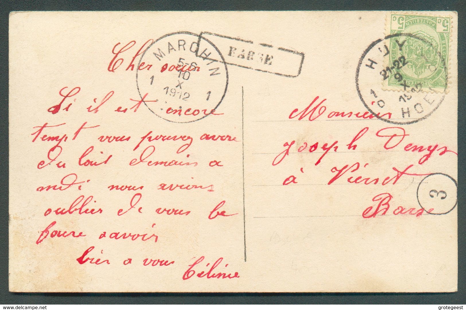 N°83 - 5 Centimes Vert, Obl. Sc HUY Sur C.V. Du 9-X-1912 + Griffe Encadrée BARSE Vers Marchin.  TB  - 12083 - Linear Postmarks