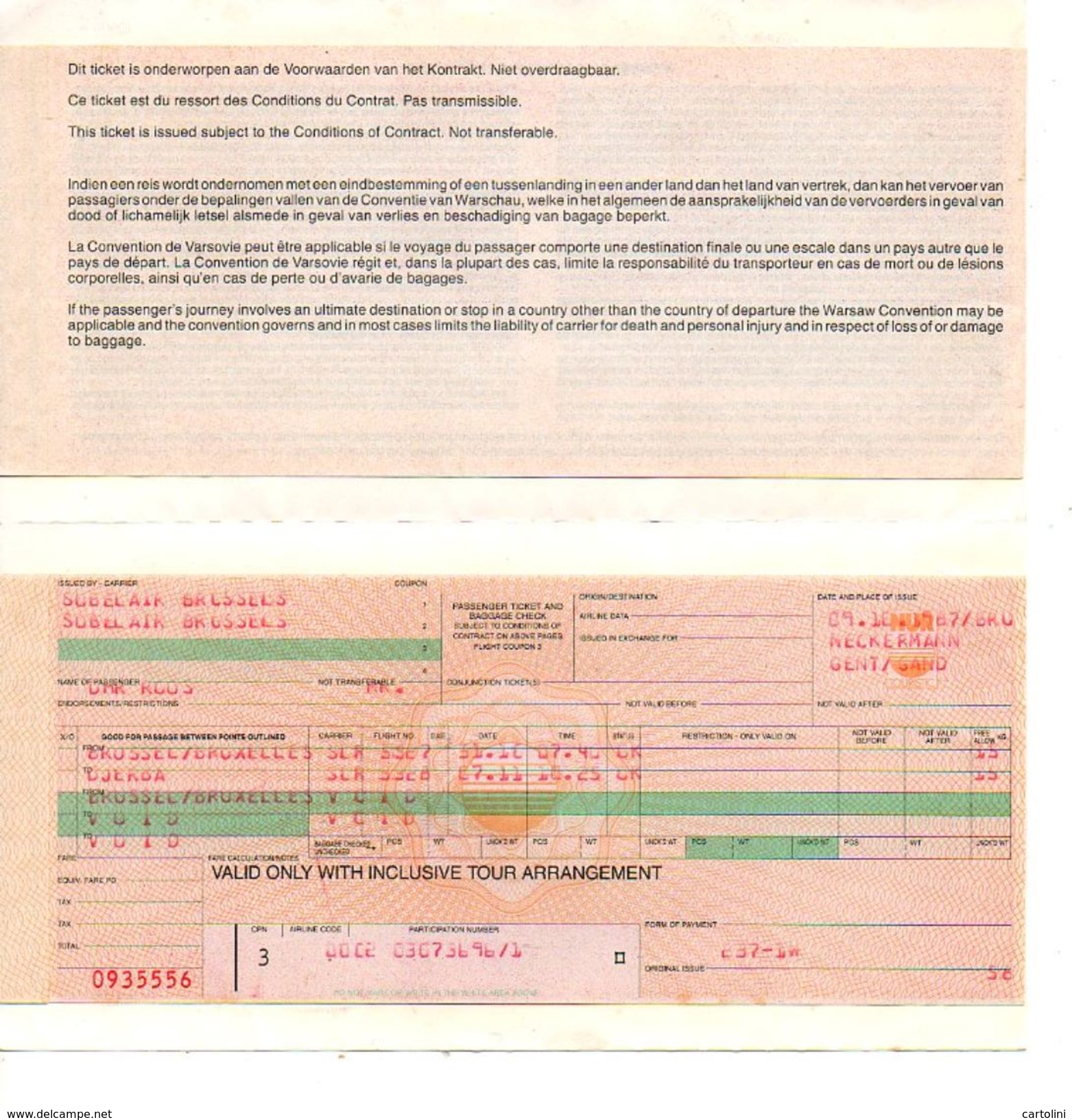 SOBELAIR Vliegtuigbiljet Passengers Ticket Brussels Djerba Retour 1987     Vliegtuig Avion Airplane Flugzeug - Tickets