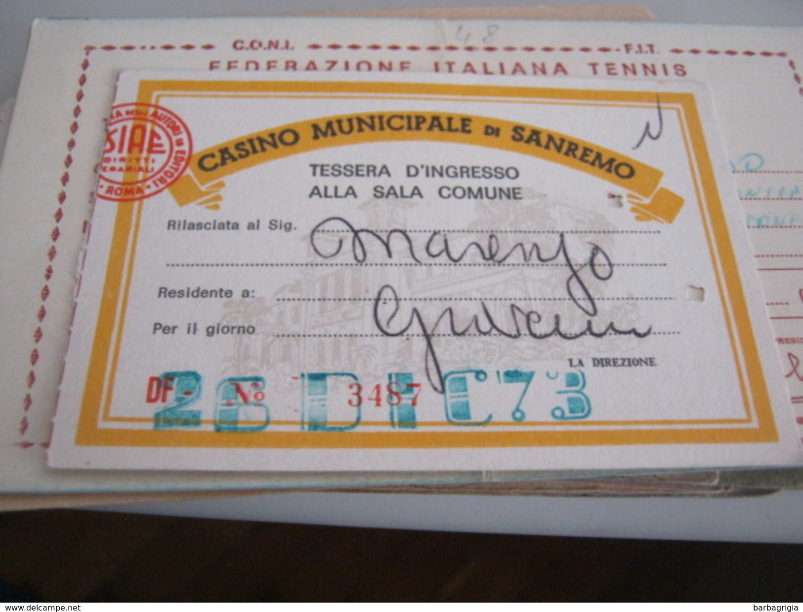 TESSERA CASINO MUNICIPALE DI SANREMO 1973 - Documents Historiques