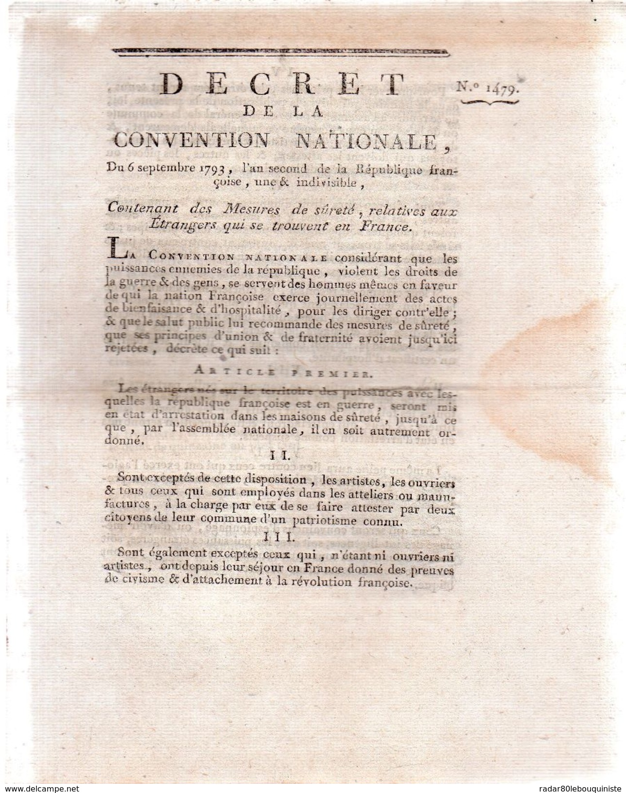 Mesures De Sûreté,relatives Aux étrangers.decret De La Convention Nationale.du 6 Septembre 1793,l'an Second.n°1479. - Historical Documents