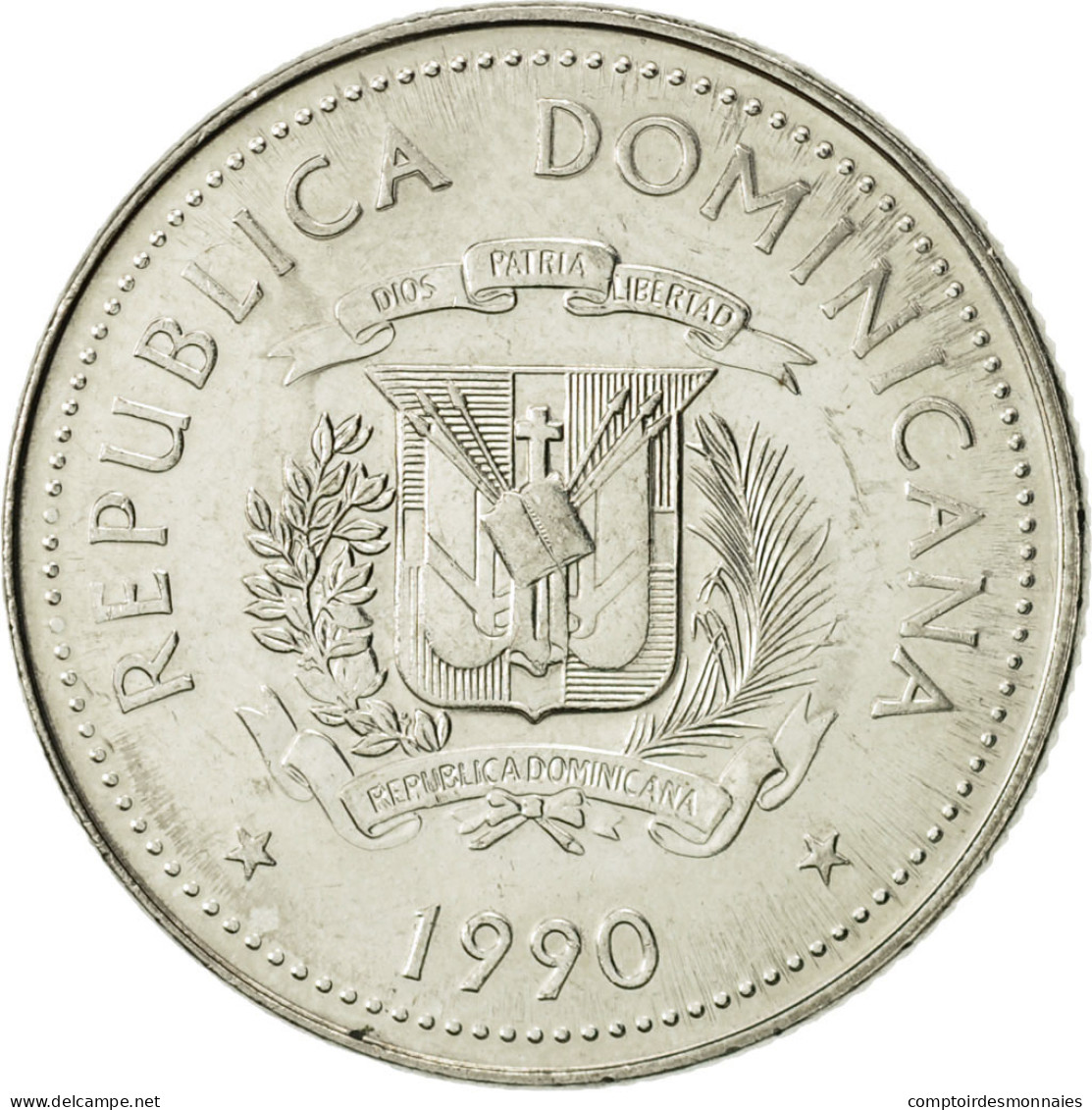 Monnaie, Dominican Republic, 25 Centavos, 1990, SUP+, Nickel Clad Steel, KM:71.2 - Dominikanische Rep.