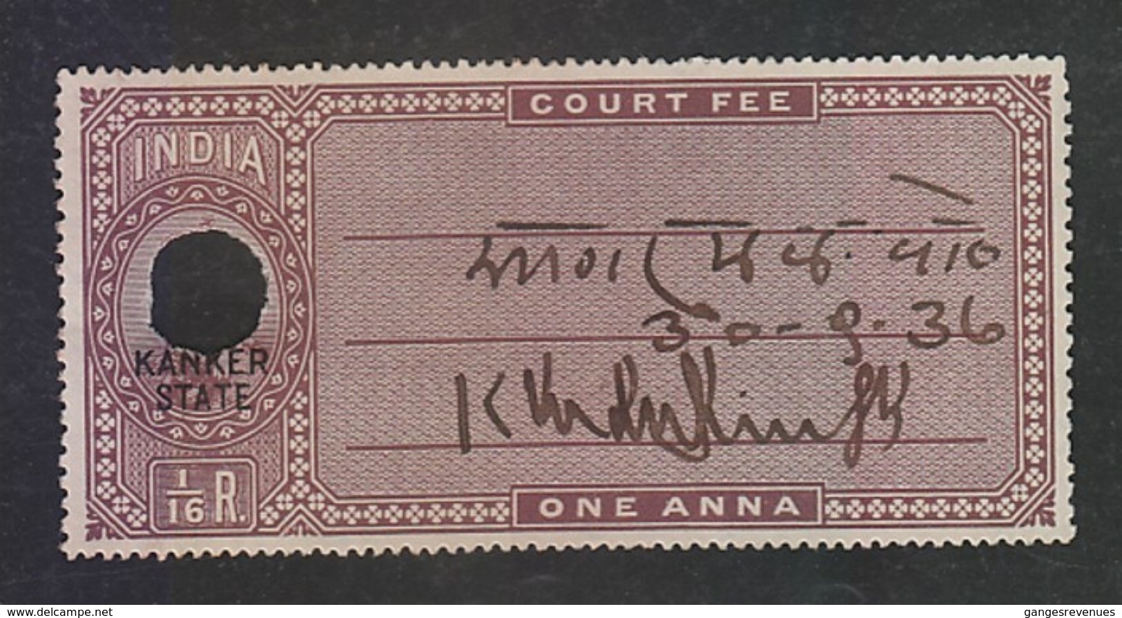 KANKER STATE  Overprinted KG V  1A  Court Fee Type 3   #  98288  Inde Indien  India Fiscaux Fiscal Revenue - Autres & Non Classés