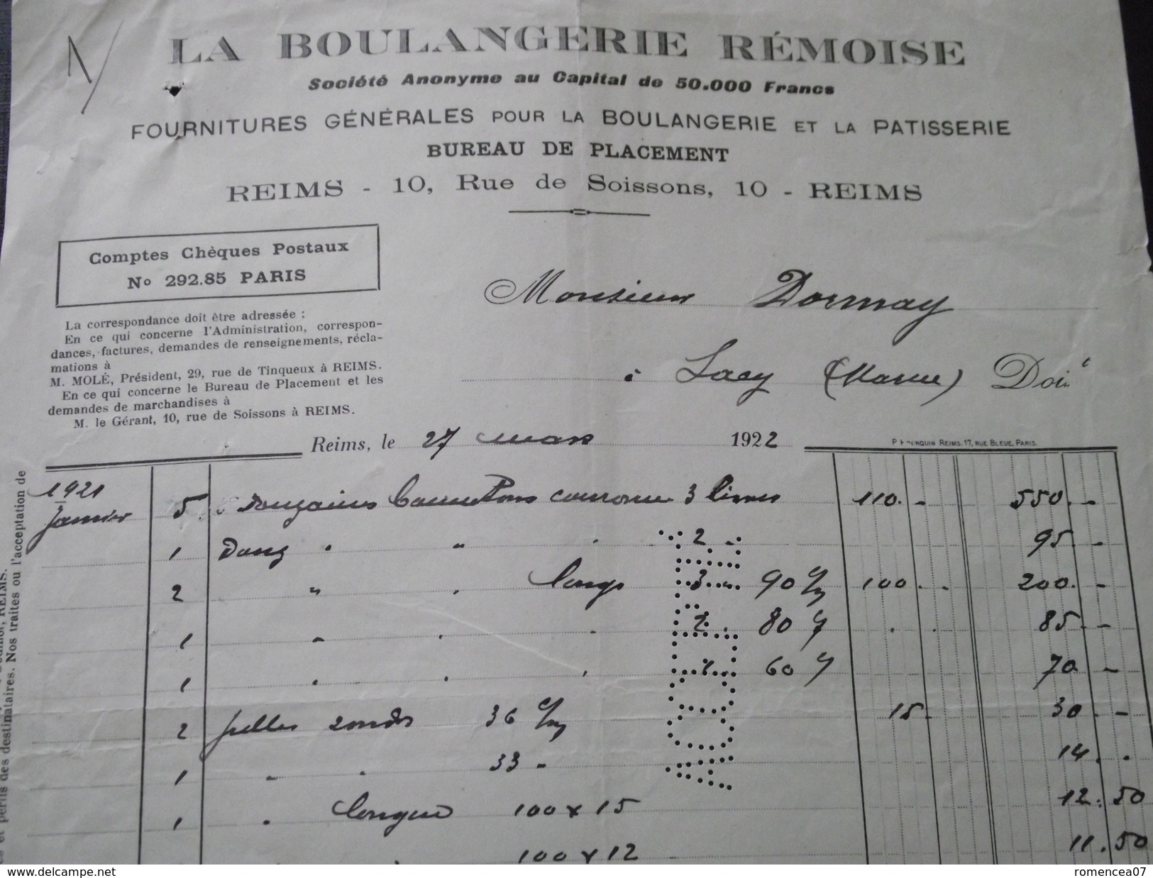 REIMS (Marne) - Facture - LA BOULANGERIE REMOISE - Fournitures Pour Boulangerie - Vers SACY (Marne) - 27 Mars 1922 - Alimentaire