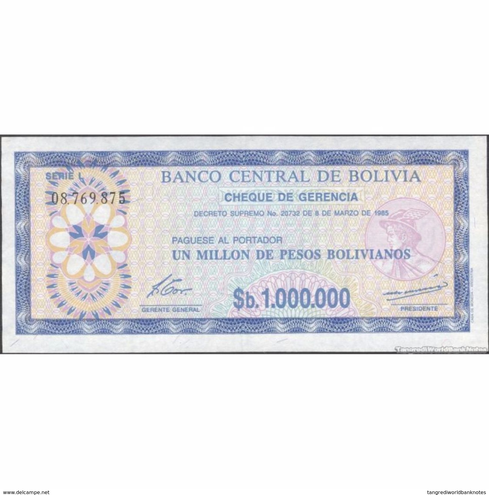 TWN - BOLIVIA 192Ca - 1000000 1.000.000 Pesos Bolivianos 8.3.1985 08.769.875 AU - Bolivia