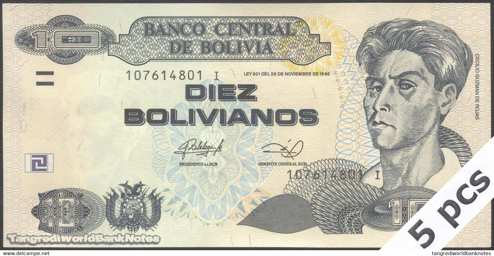 TWN - BOLIVIA 238A - 10 Bolivianos 28.11.1986 (2013)&#xFEFF; &#xFEFF;DEALERS LOT X 5 - Serie I - Printer: OT&#xFEFF; UNC - Bolivia