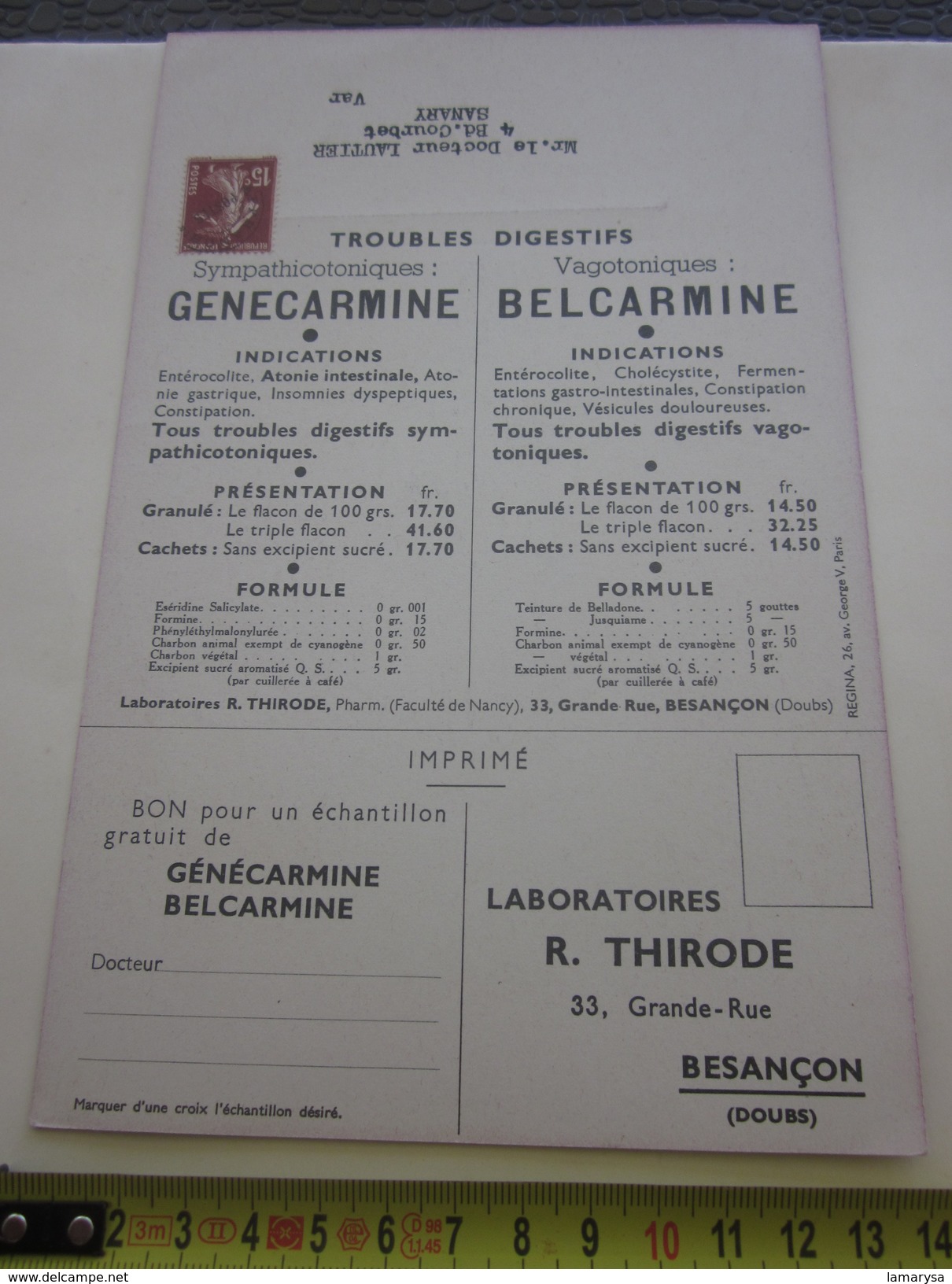 Adressé Par Poste A Docteur à Sanary Imprimé Bon échantillon>Planche Publicitaire Médicale édité Labo Thirode Besançon - Publicités