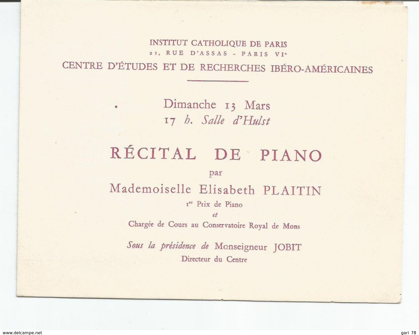 Programme 13 Mars (pas D'année) Récital De Piano Par Elisabeth PLAITIN à L'Institut Catholique De Paris - Programmes
