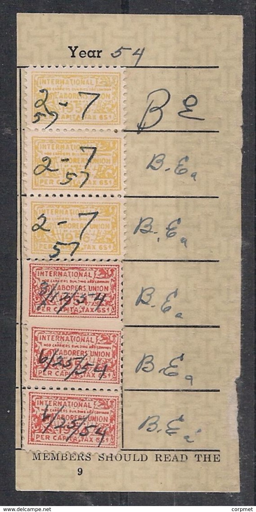 US - REVENUES LABORES UNION 1954 LOCAL BELLINGHAM, WASH. Stamps On Piece - Other & Unclassified