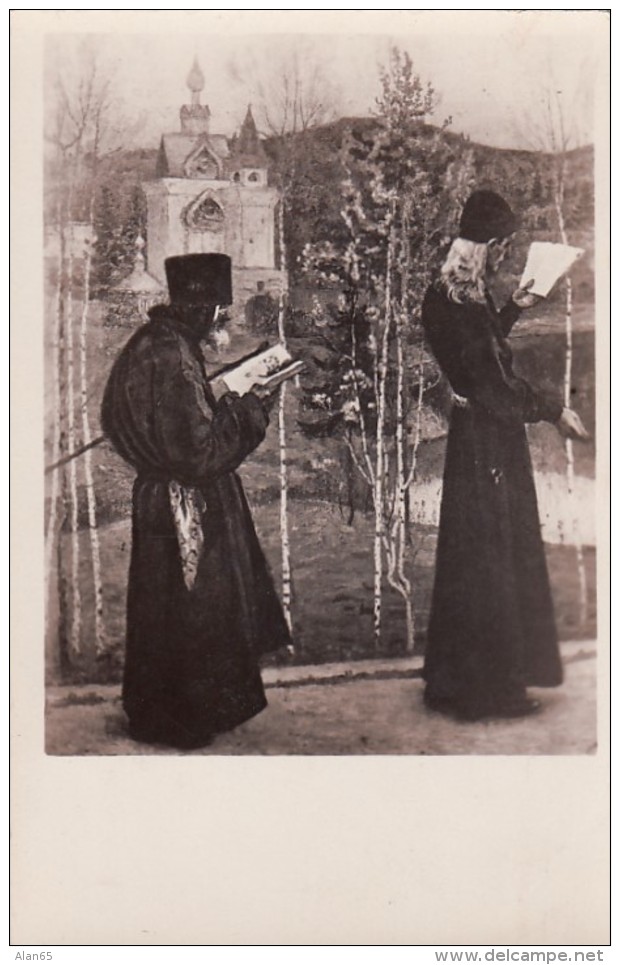 Russian Orthodox(?) Religious Men Read Books, Monastery Or Church In Background, C1910s Vintage Postcard - Other & Unclassified