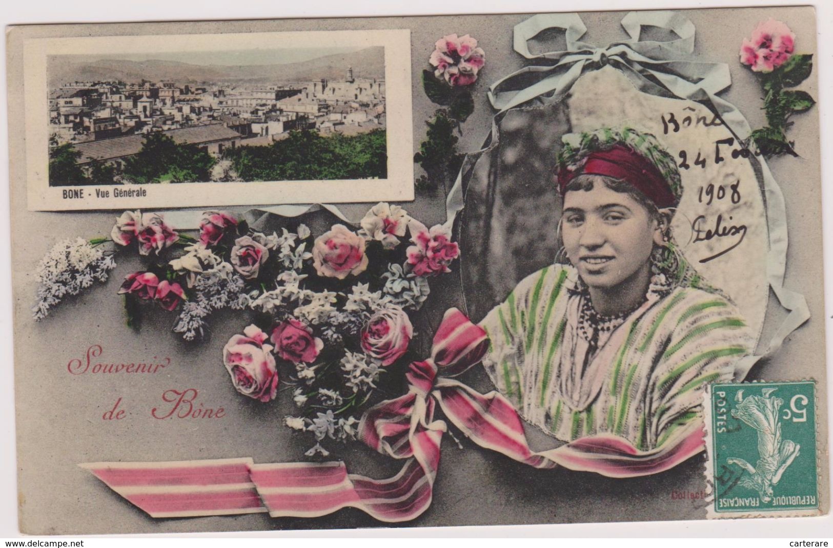 AFRIQUE,ALGERIE EN 1908,carte De Souvenir De BONE, ANNABA,avec Belle Algérienne - Annaba (Bône)