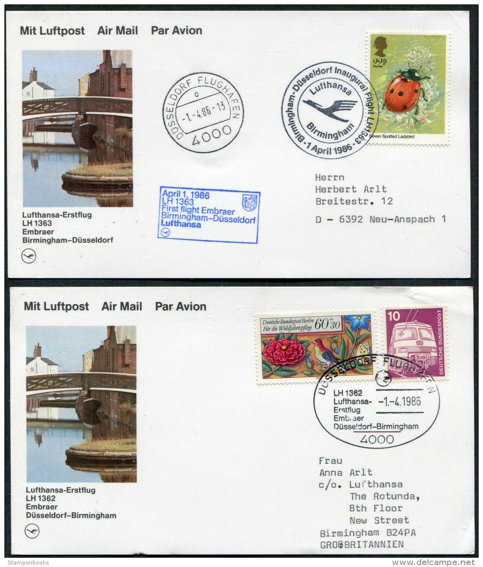 1986 GB Germany Lufthansa First Flights Cards (2) Birmingham / Dusseldorf - Covers & Documents
