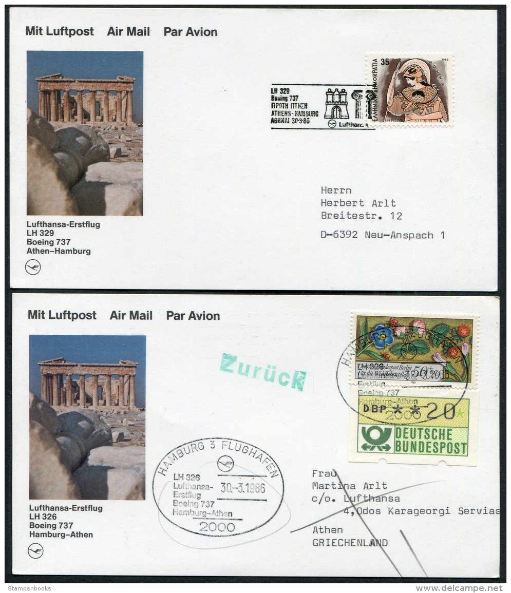1986 Greece Germany Lufthansa First Flights Cards (2) Athens / Hamburg. Acropolis ATM Frama - Covers & Documents
