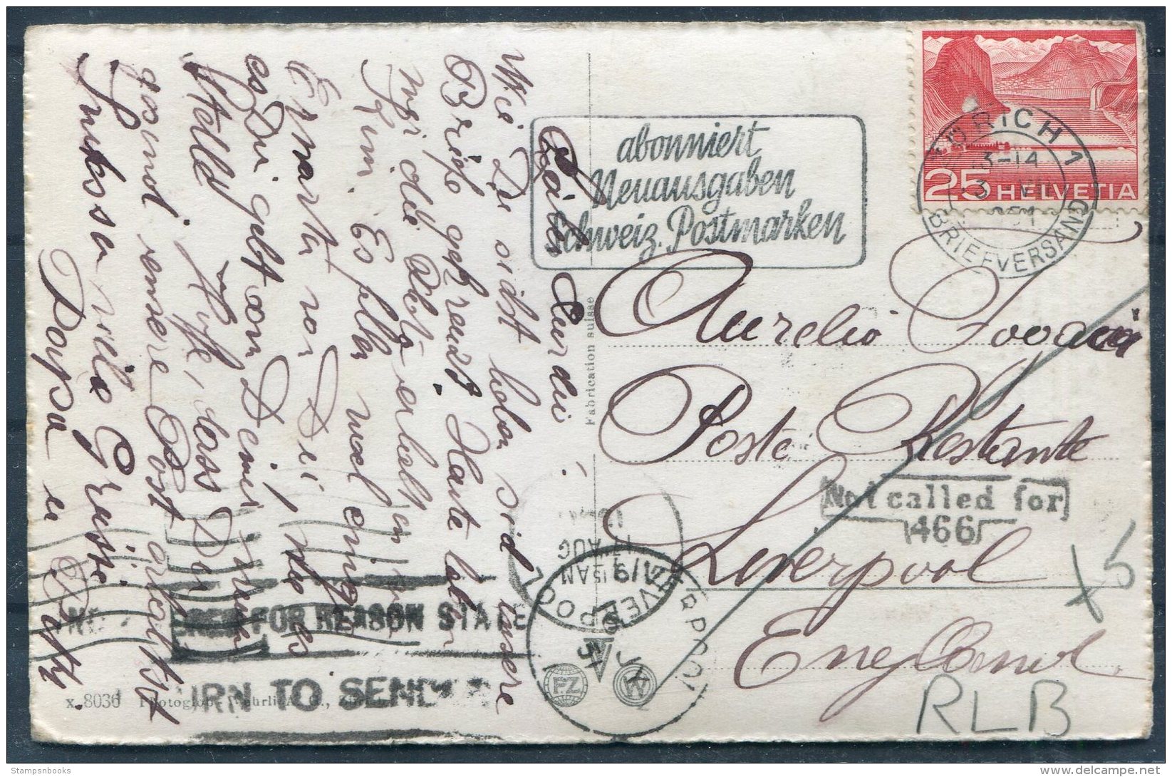 1951 Switzerland Zurich Sonnabend Postcard - Liverpool. GB Instructional Mark 'Not Called For 466' - Covers & Documents