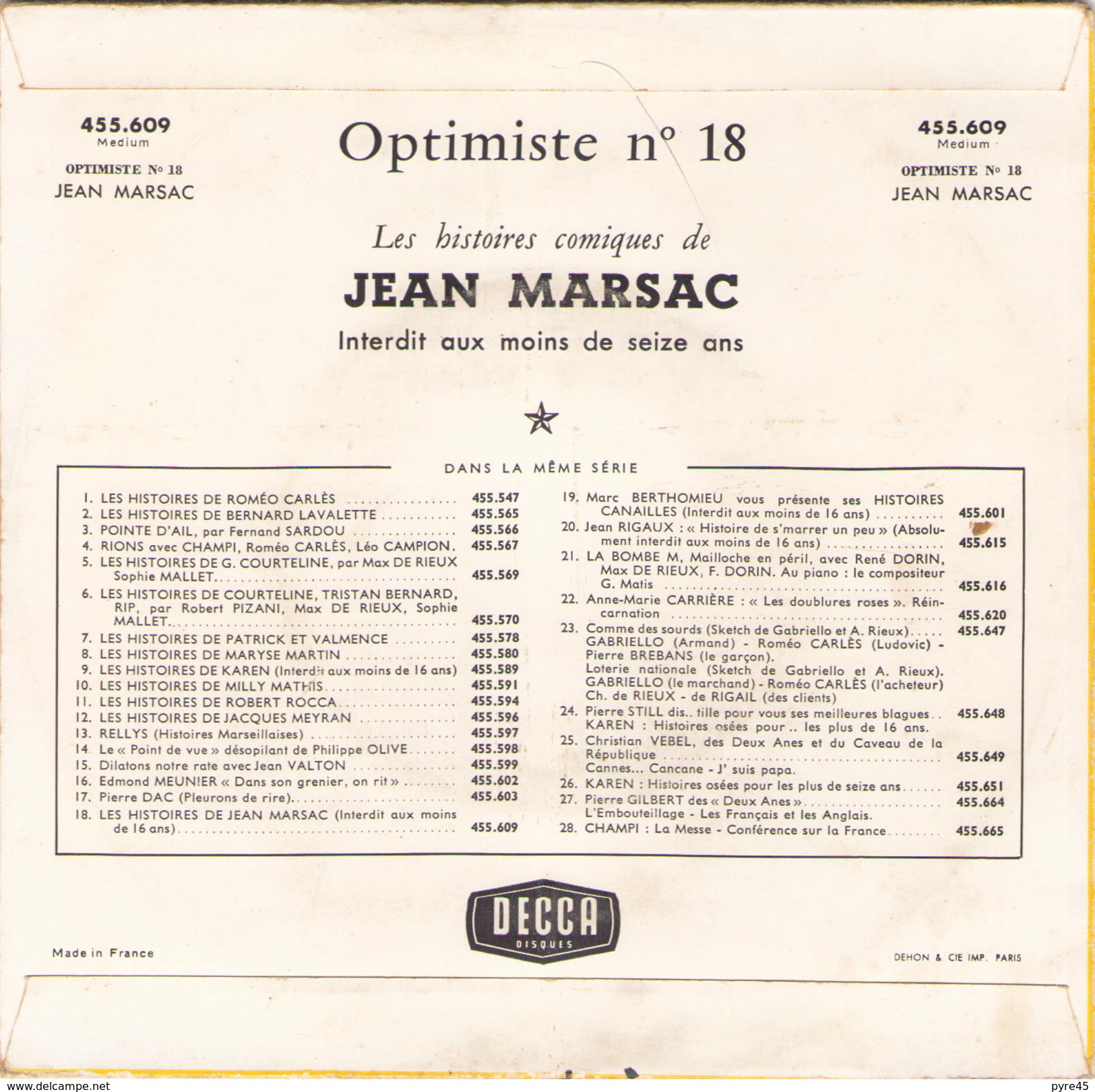 45 TOURS JEAN MARSAC DECCA 455609 OPTIMISTE N° 18 - Comiche