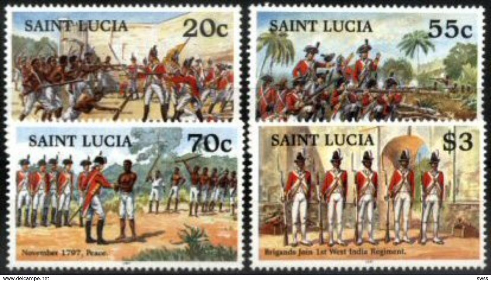 ST. LUCIA, 1997, HISTORY, BICENTENARY OF THE REVOLT AGAINST THE BRITISH ARMY, YV#1061-64, MNH - St.Lucia (1979-...)