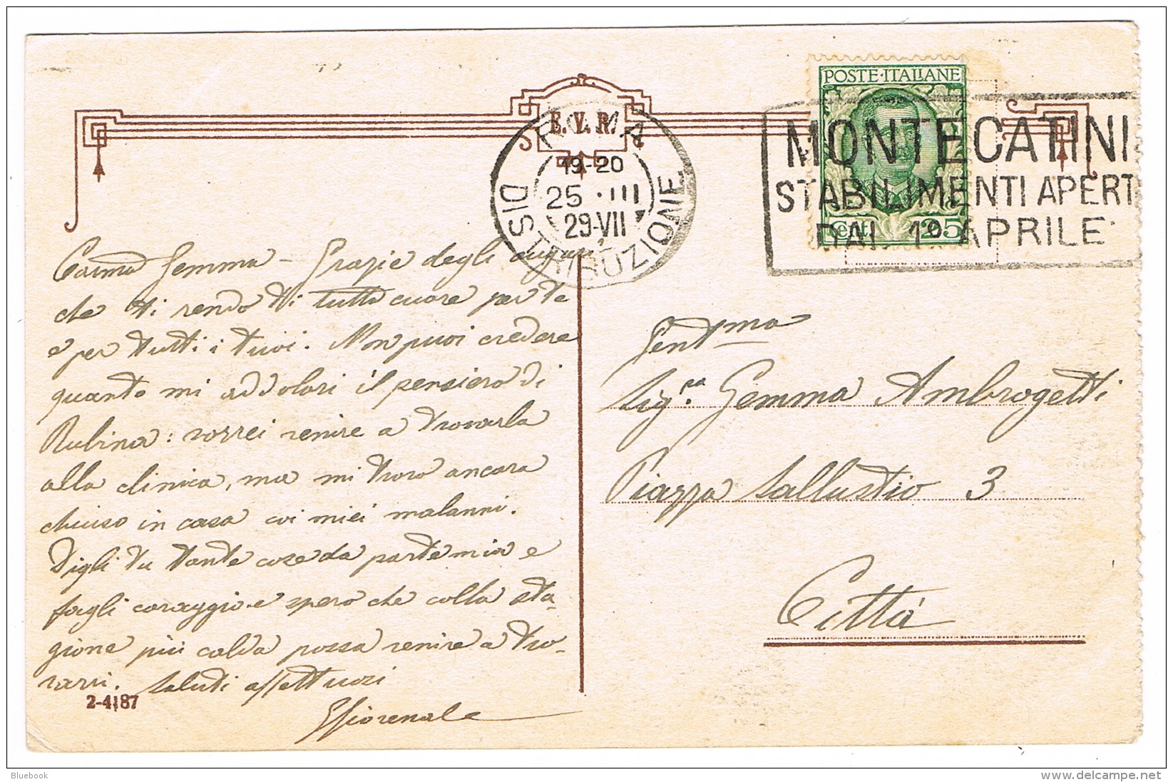 RB 1166 - 1929 Postcard Roma Italy 25c Local Rate - Good Montecatini Slogan Postmark - Pubblicitari