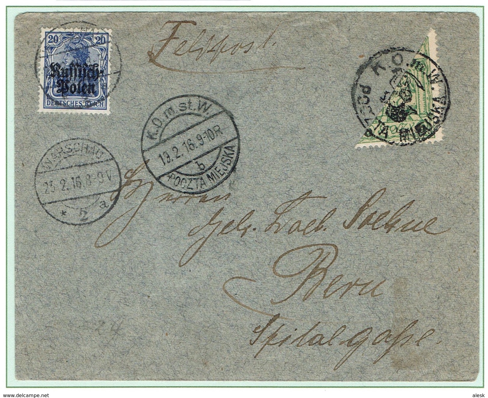 WARSZAWA - VARSOVIE - Poste Locale Lettre Feldpost - Demi-timbre Sirène N°8 - 19 Février 1916 Pour Berne - Germania N°4 - Covers & Documents