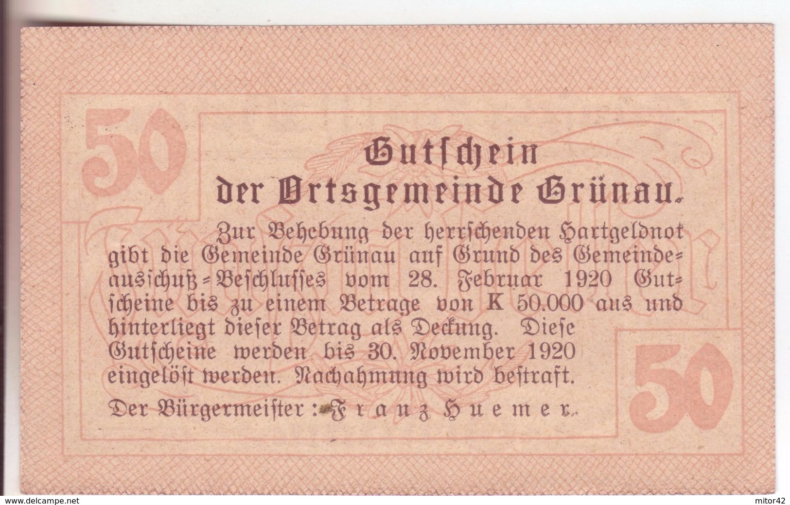 298-Banconote-Carta Moneta Di Emergenza-NOTGELD-Austria-Osterraich-Emergency Money-50 Heller-1920 - Austria