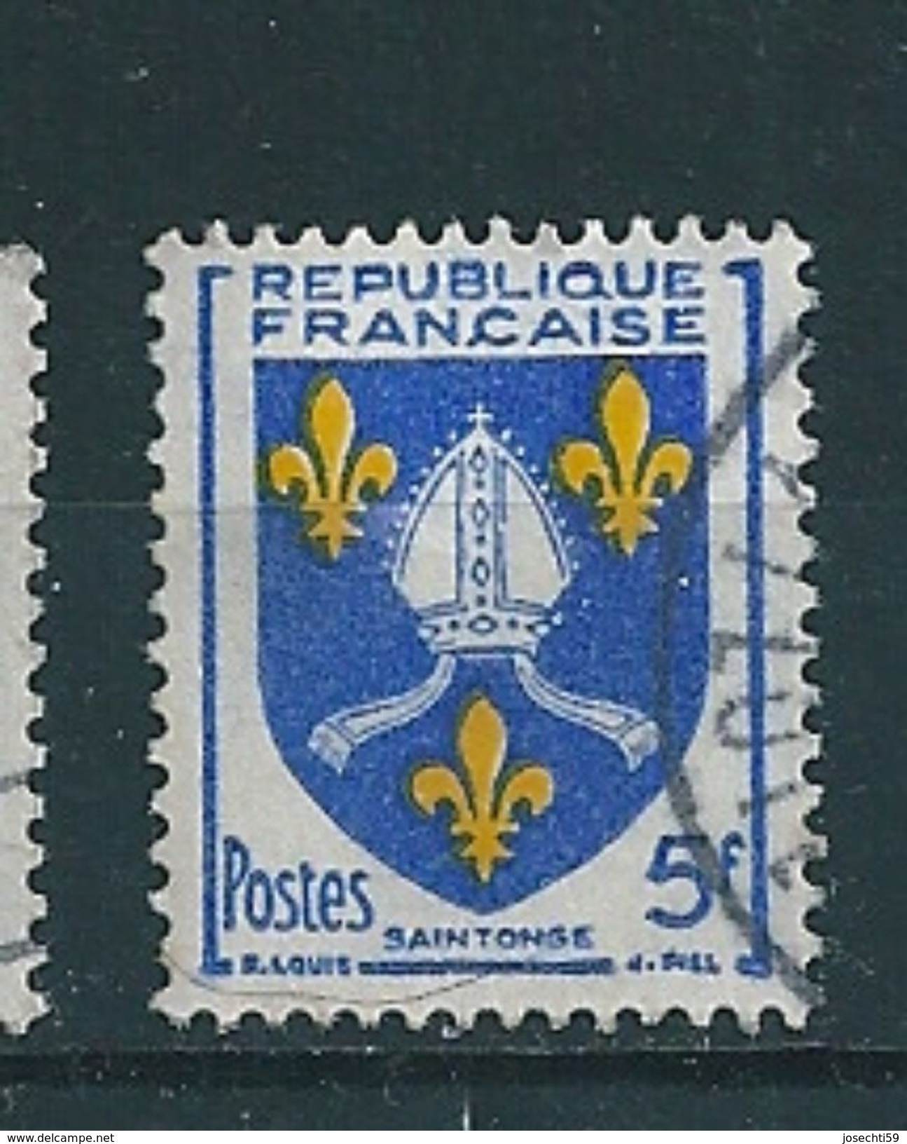 N° 1005 7ème Série Des Blasons Des Provinces Françaises Blason De Saintonge Timbre France Oblitéré 1954 - Used Stamps