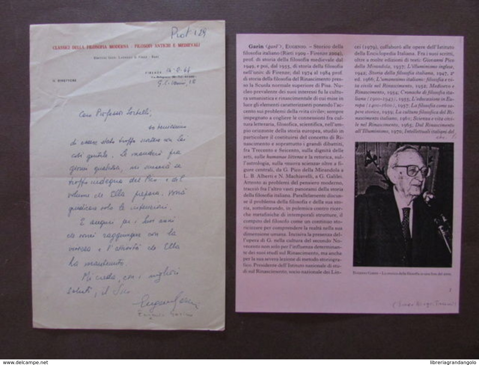 Autografo Lettera Eugenio Garin Storico Filosofia Pico Mirandola 1964 Sorbelli - Autres & Non Classés