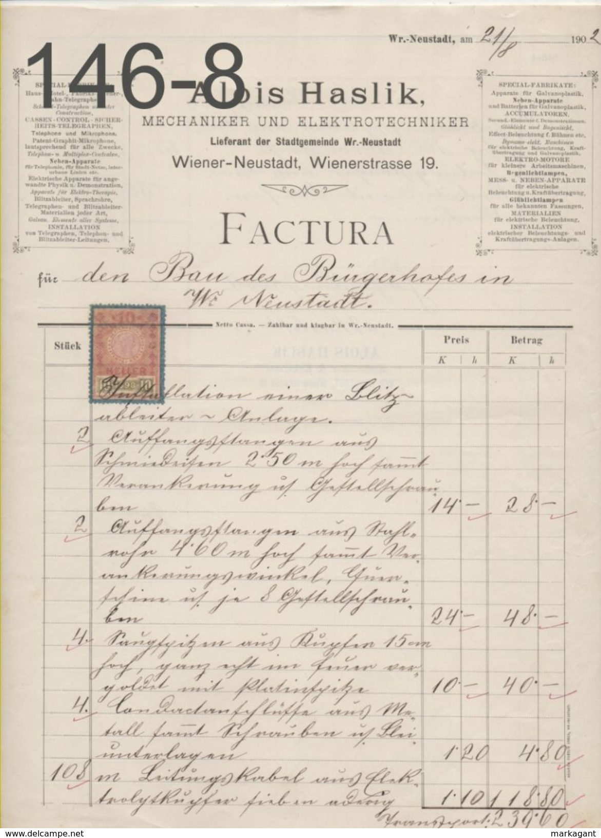 RECHNUNG: Alois Haslik/Mechaniker Und Elektrotechniker/21-8-1902 - Österreich