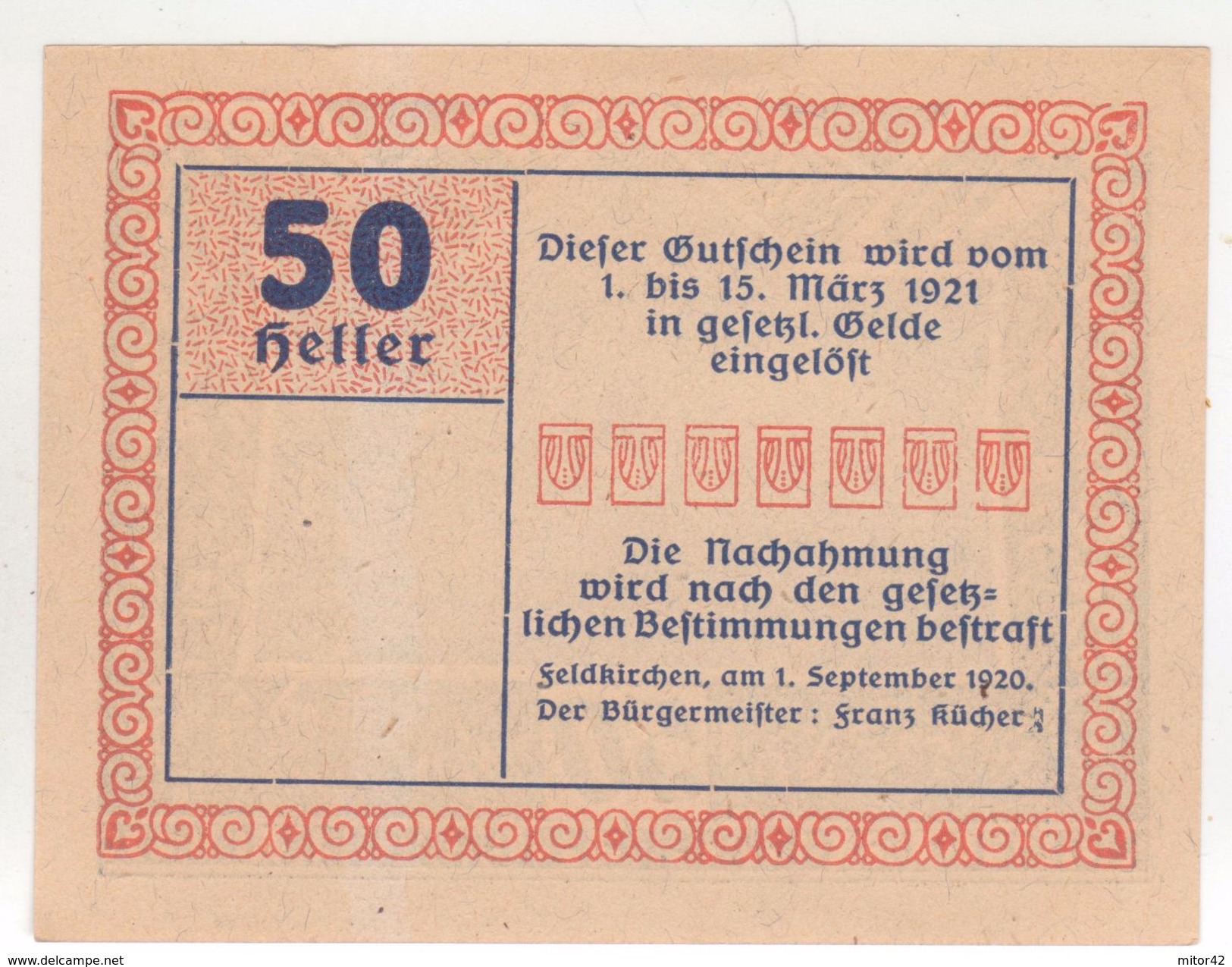 360-Banconote-Carta Moneta Di Emergenza-NOTGELD-Austria-Osterraich-Emergency Money-50 Heller-1920. - Austria