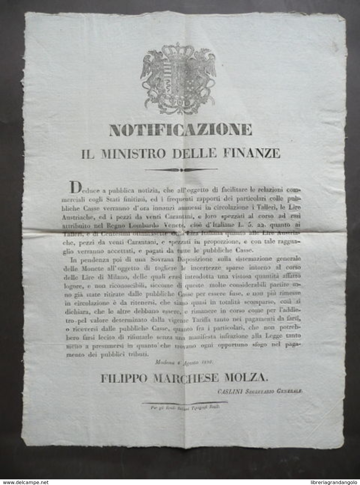 Avviso Notificazione Circolazione Talleri Lire Austriache Carantani Modena 1839 - Non Classificati