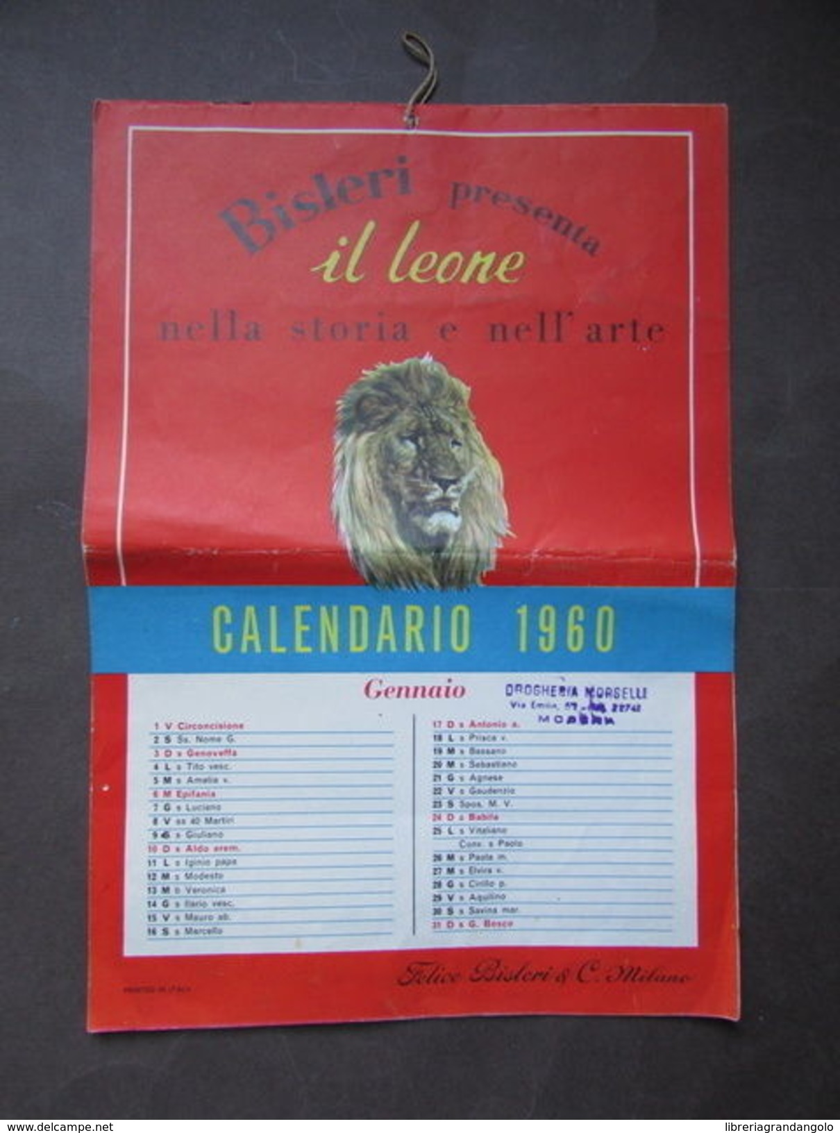 Calendario 1960 PubblicitÃ  Bisleri Leone Storia Arte Milano - Altri & Non Classificati