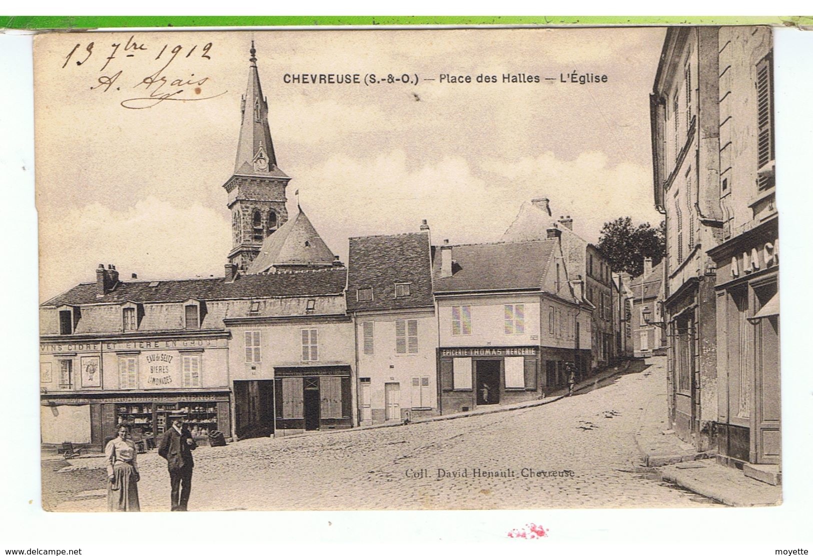 CPA-78-1912-CHEVREUSE-PLACE DES HALLES-L'EGLISE-ANIMEE-1 COUPLE-EPICERIE THOMAS-- - Chevreuse
