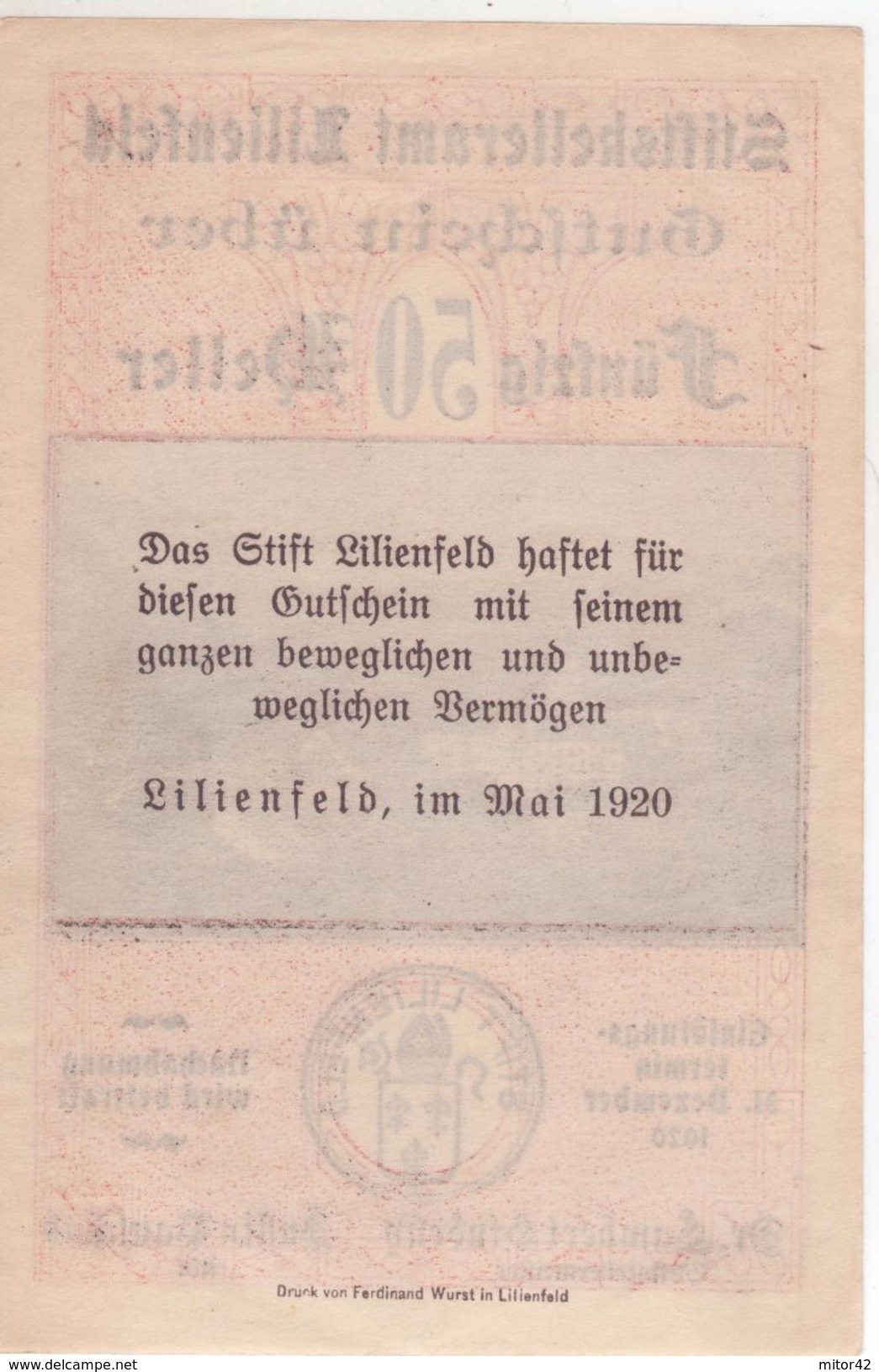 366-Banconote-Carta Moneta Di Emergenza-NOTGELD-Austria-Osterraich-Emergency Money-50 Heller-rosa-1920. - Austria